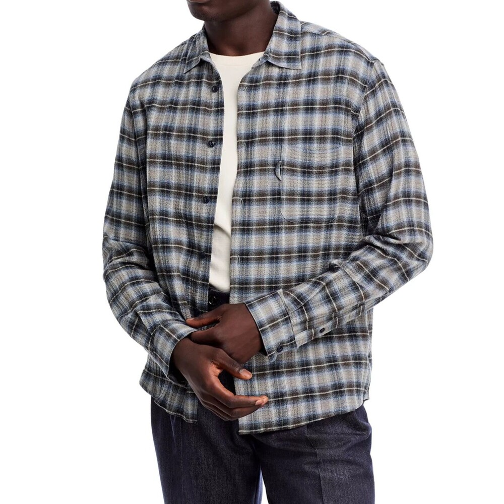 YMC Shirt Mens XL Blue Grey Plaid Button Up Pocket Cotton Cashmere CURTIS $250